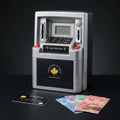 Tirelire guichet automatique éducative Canadian E-Coin avec carte bancaire et billets canadiens sur fond noir
