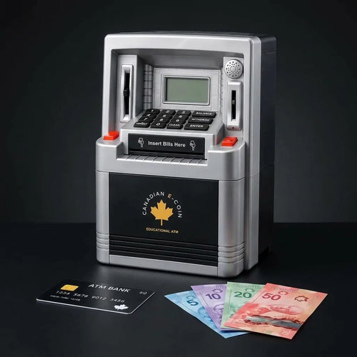Tirelire guichet automatique éducative Canadian E-Coin avec carte bancaire et billets canadiens sur fond noir