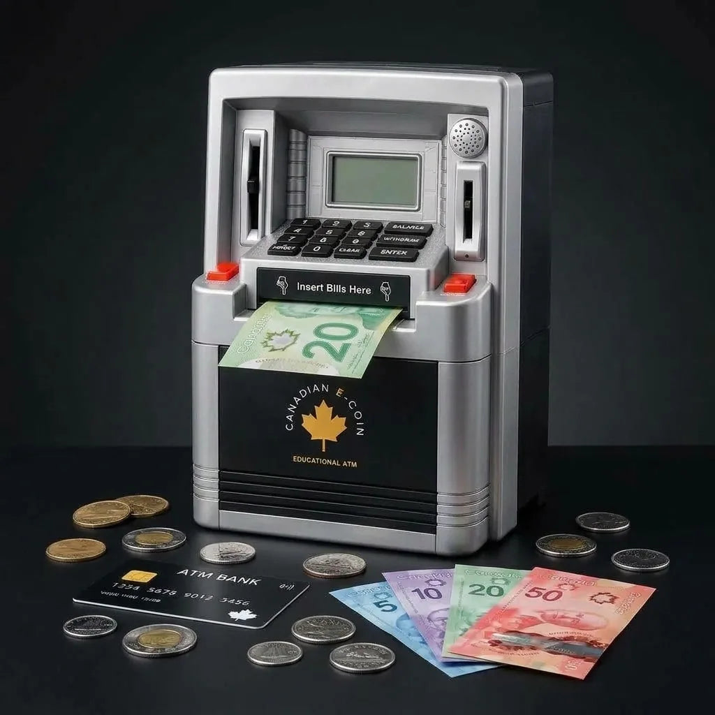 Tirelire guichet automatique avec un billet de 20 $ inséré, entourée de pièces canadiennes