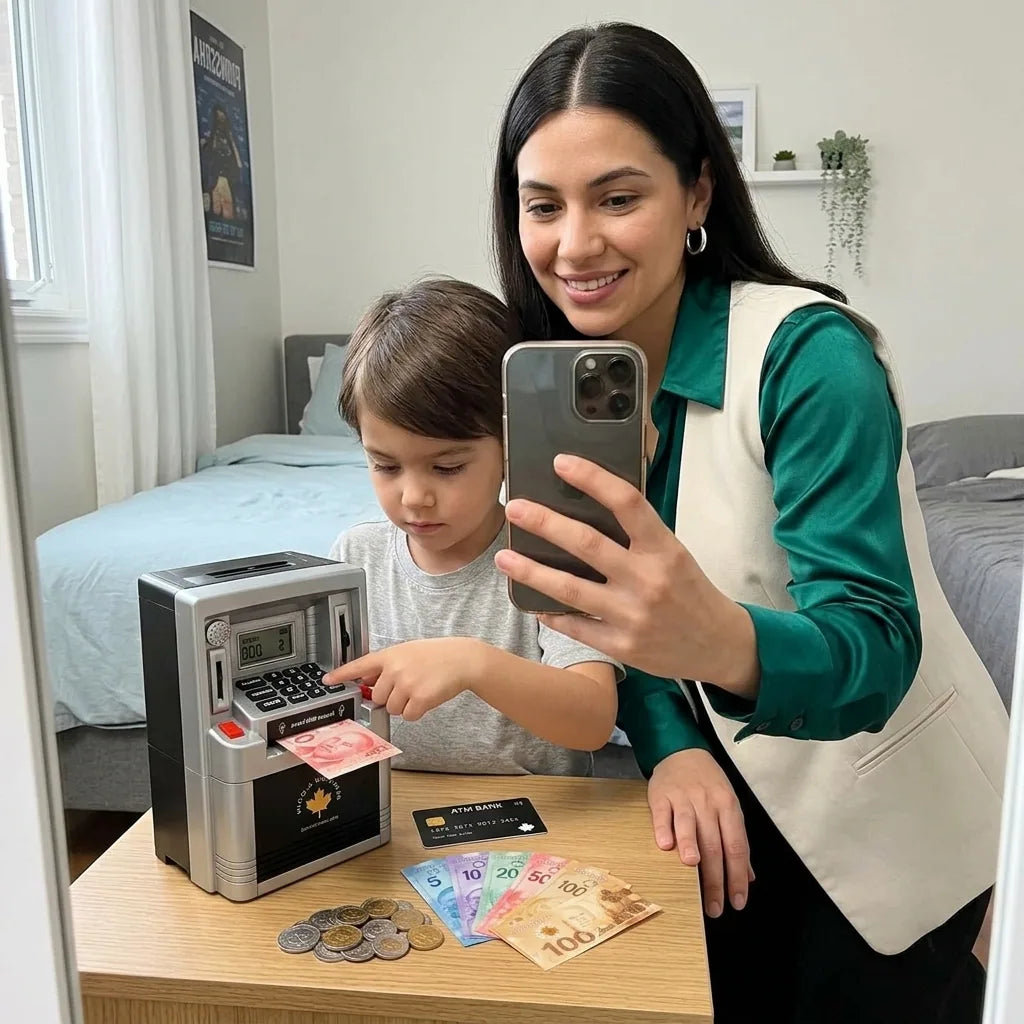 Mère et enfant qui utilisent la tirelire guichet automatique éducative dans une chambre